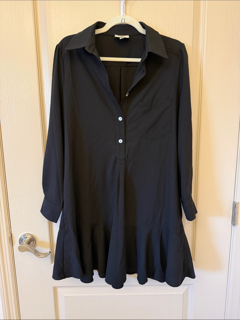 Tuckernuck Black Callahan Crepe Long-Sleeve Ruffle-Hem Shirt Dress